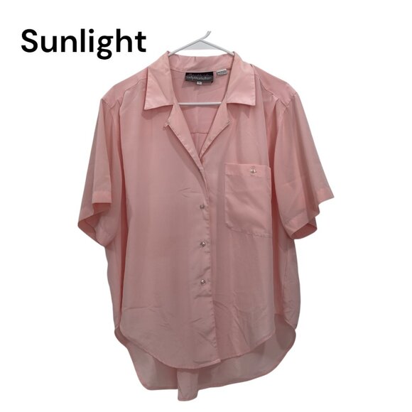 Lady Manhattan Vintage Salmon Pink Button-Up Short Sleeve Blouse Size 14 - Picture 1 of 13